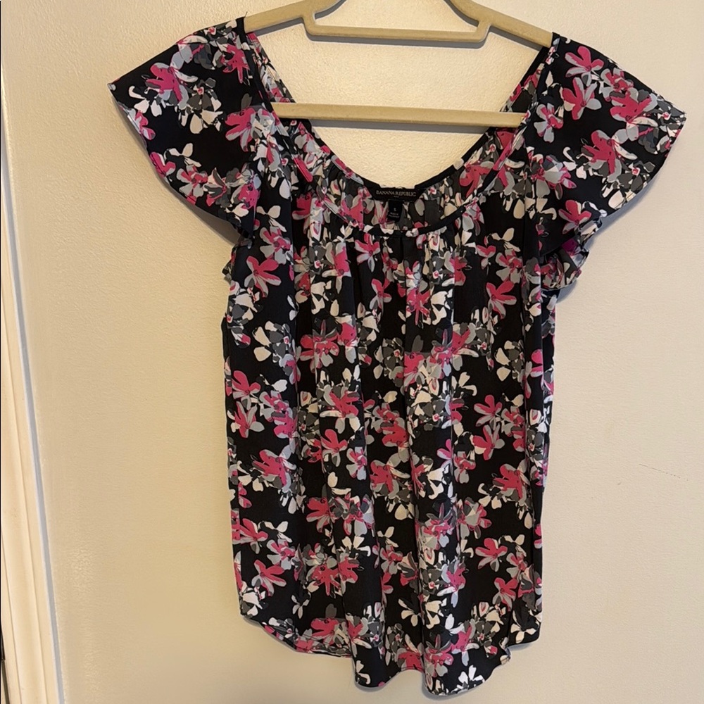 Banana Republic Pink and Blue Floral Smocked Cap Sleeve Blouse